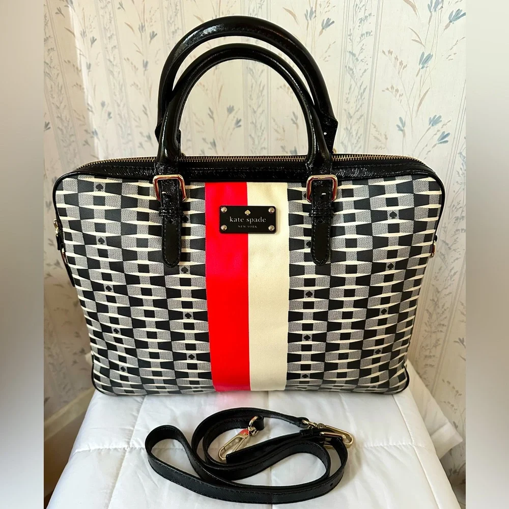Kate Spade Checkered Laptop Bag with Red Storybook Lining